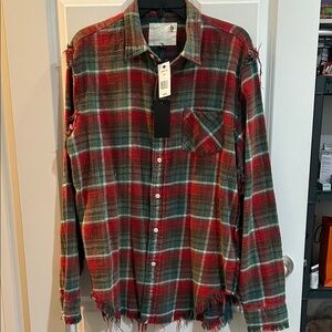 R13 Distressed Red and Green Plaid Shirt
